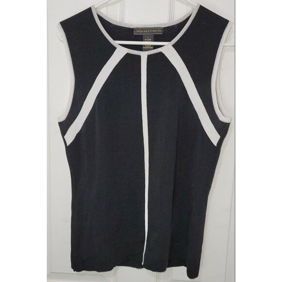 Linda Matthews Large Knit Sleeveless Top Black with White Trim - Picture 2 of 5